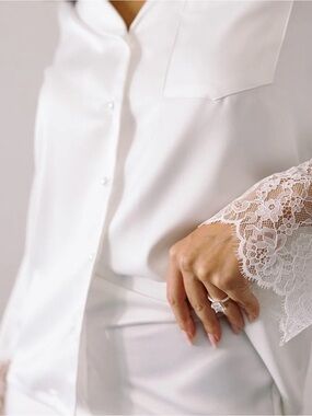 Women's White Lace-Trim Satin Pajama Set